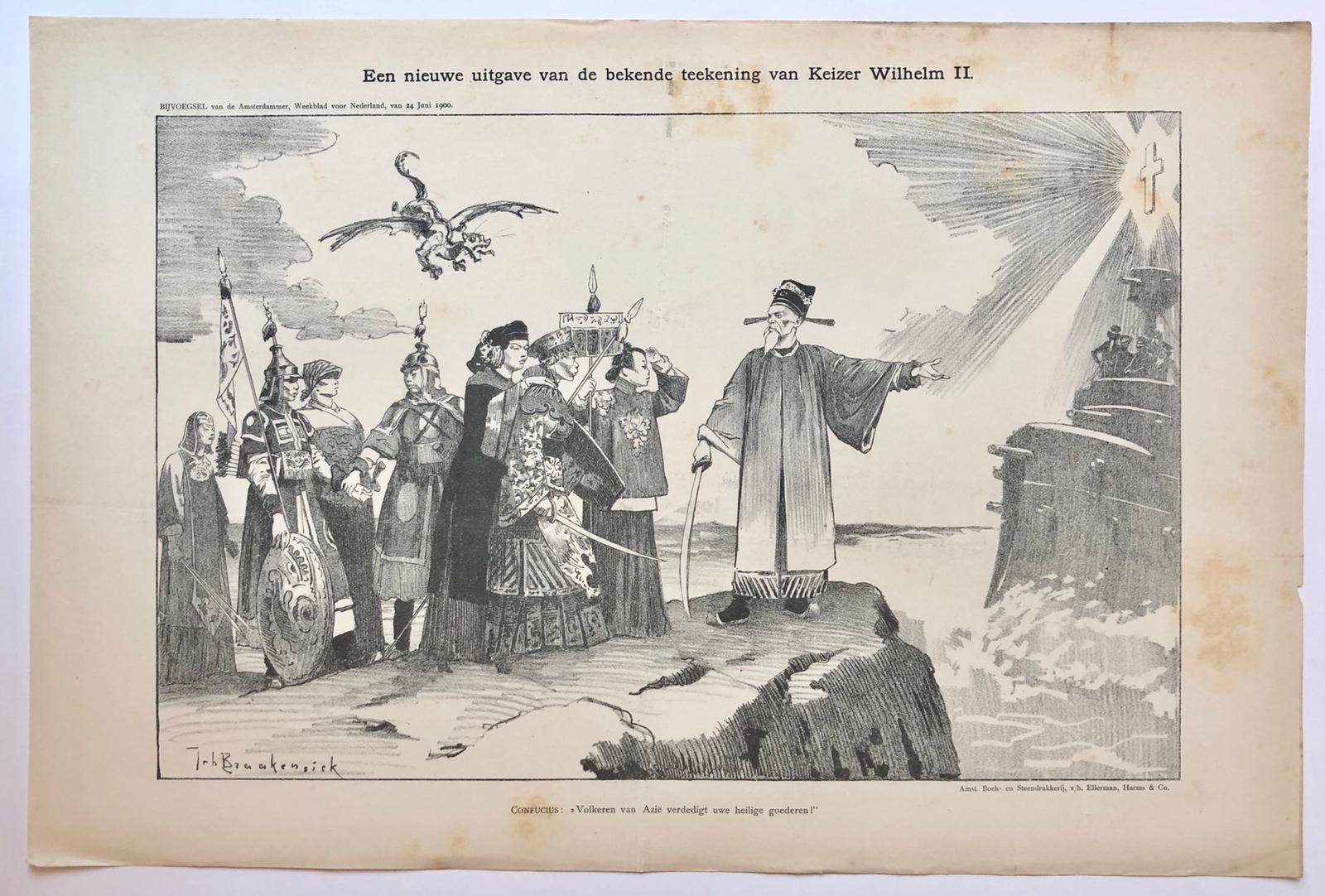 [Original lithograph/lithografie by Johan Braakensiek] Een nieuwe uitgave van de bekende teekening van Keizer Wilhelm II, 24 Juni 1900, 1 pp.