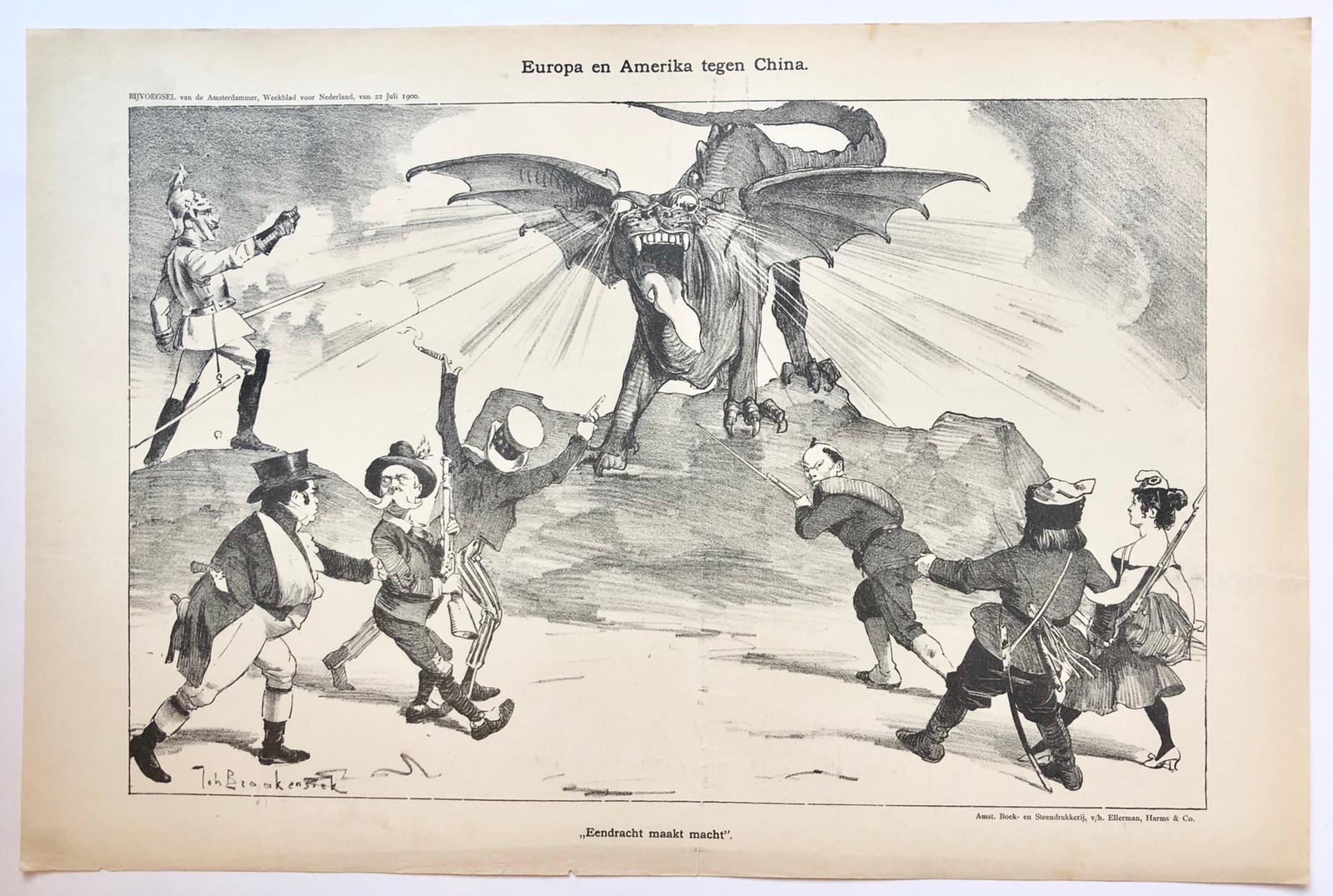 [Original lithograph/lithografie by Johan Braakensiek] Europa en Amerika tegen China, 22 Juli 1900, 1 pp.