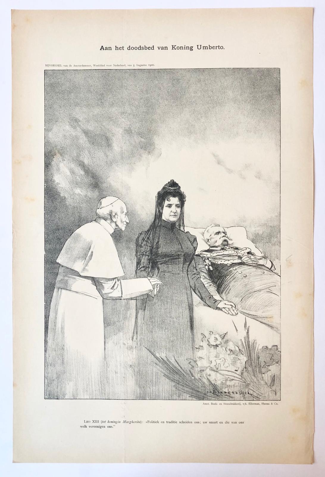 [Original lithograph/lithografie by Johan Braakensiek] Aan het doodsbed van Koning Umberto, 5 Augustus 1900, 1 pp.