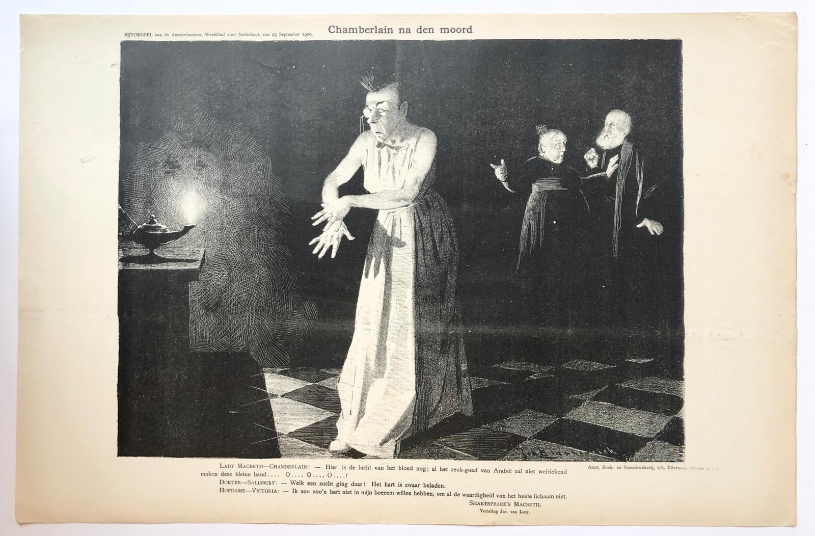 [Original lithograph/lithografie by Johan Braakensiek] Chamberlain na den moord, 23 September 1900, 1 pp.