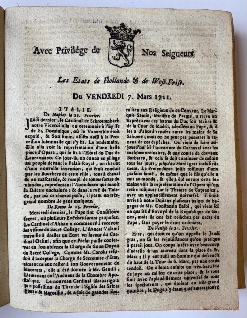 '- - Newspapers, Nouvelles Extraordinaires, 1721 | Nouvelles Extraordinaires de Divers Endroits. Complete year (1721), Leiden, A. de la Font, 1721, ca 400 pp.