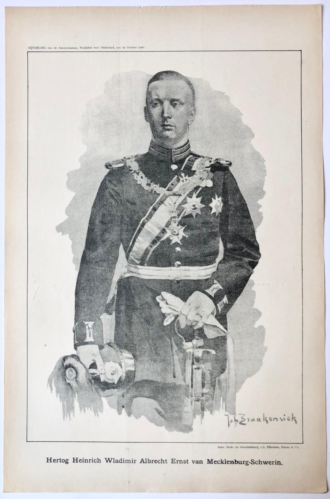 [Original lithograph/lithografie by Johan Braakensiek] Hertog Heinrich Wladimir Albrecht Ernst van Mecklenburg-Schwerin, 21 October 1900, 1 pp.