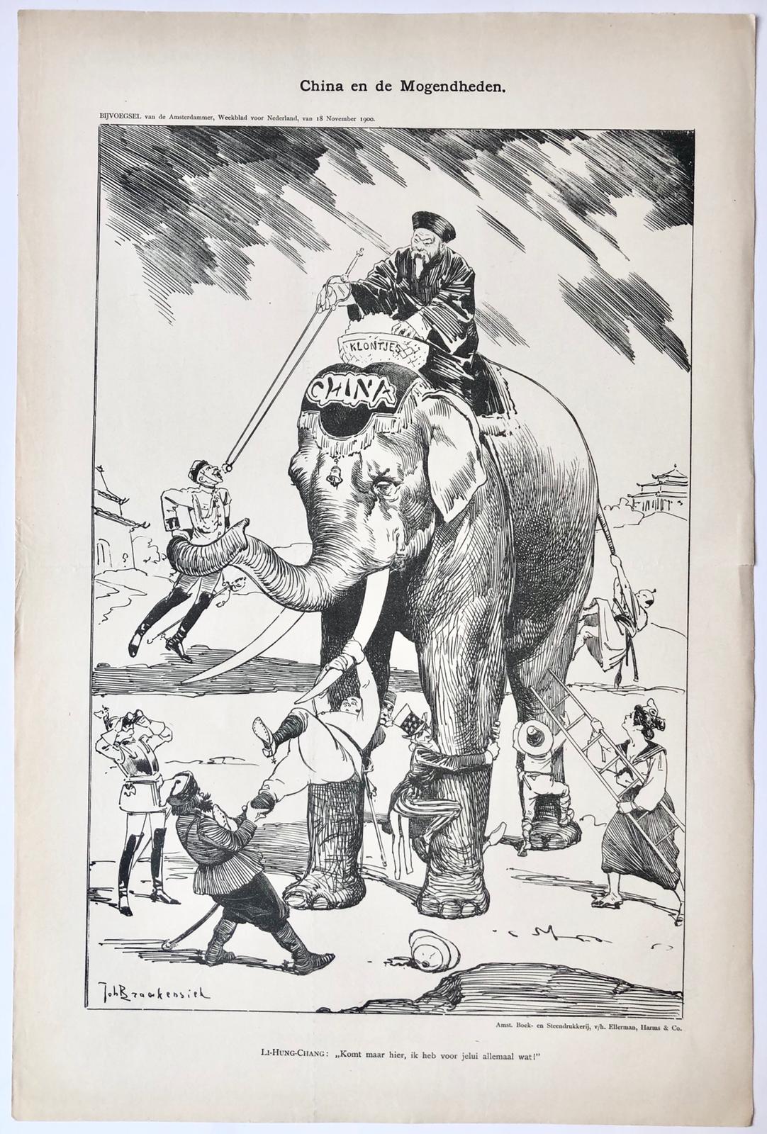 [Original lithograph/lithografie by Johan Braakensiek] China en de Mogendheden, 18 November 1900, 1 pp.
