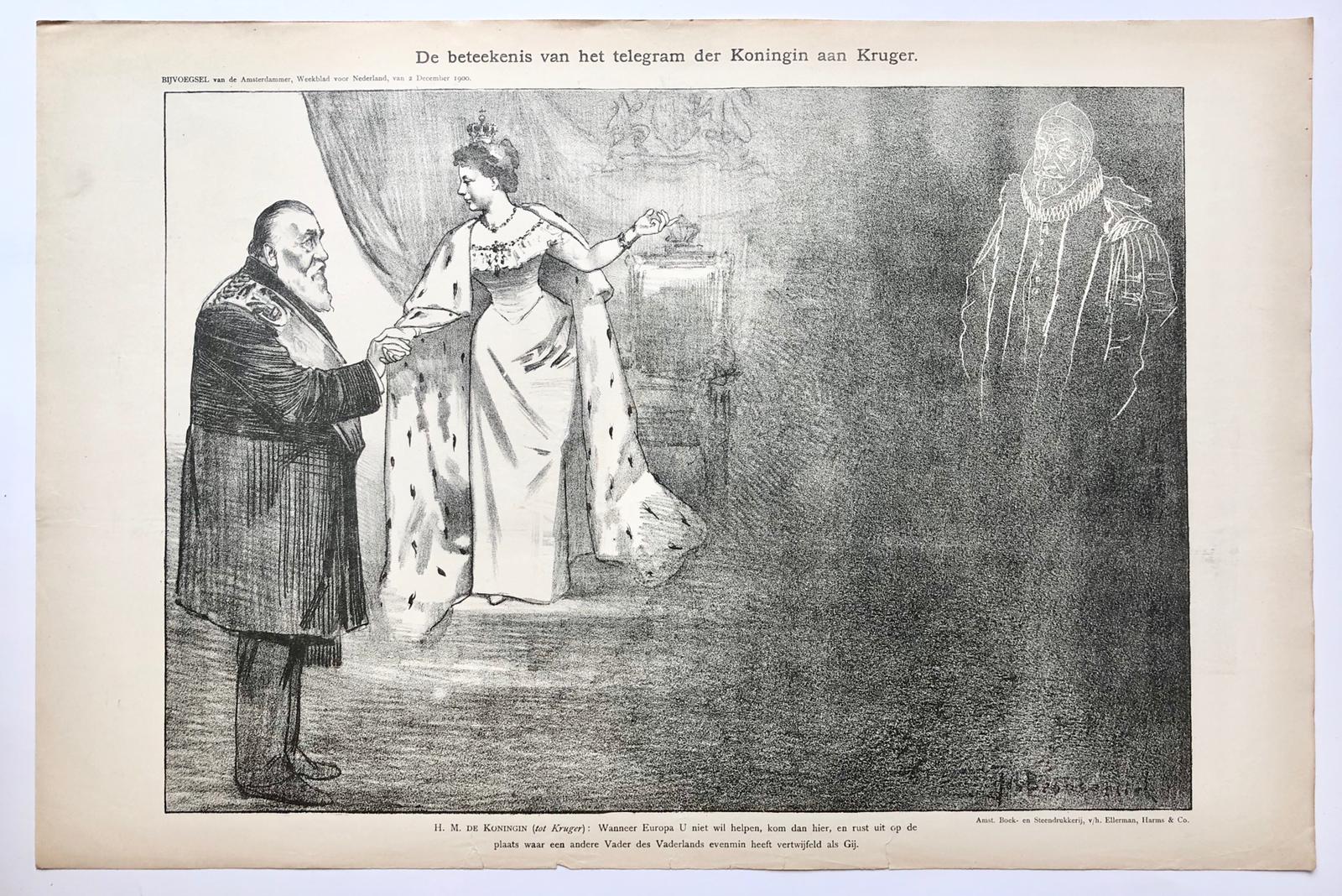 [Original lithograph/lithografie by Johan Braakensiek] De beteekenis van het telegram der Koningin aan Kruger, 2 December 1900, 1 pp.