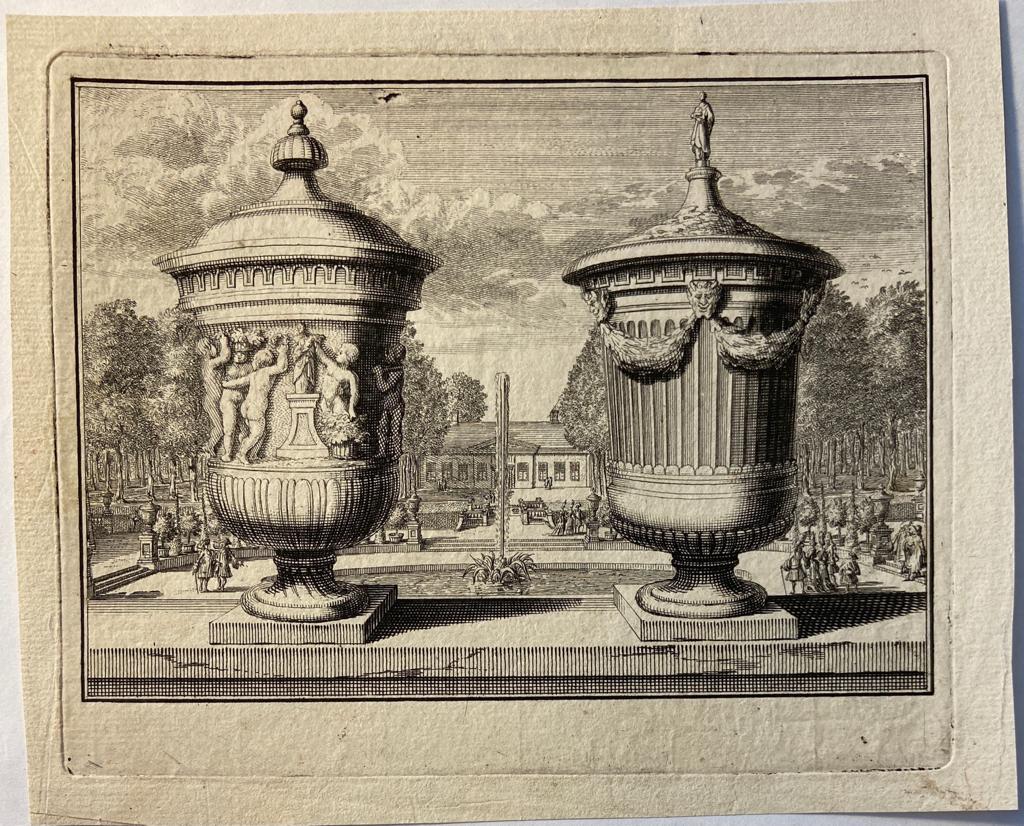 [Antique print, etching, ets, prent, The Hague] Two vases from the gardens of Zorgvliet in The Hague the house of Hans Willem Bentinck (now Catshuis), published before 1727.