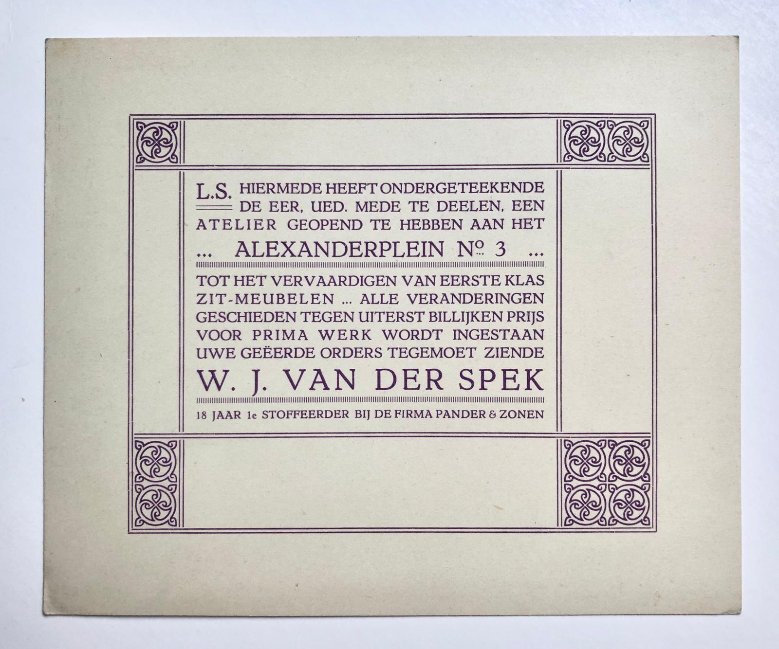  - [Paper art] Bedrijfskaart van W.J. van der Spek, stoffeerder te 's-Gravenhage, Alexanderstraat 3 Den Haag, ca. 1930.