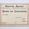 [Paper art, 1911] Oningevuld bewijs van lidmaatschap van de biljartclub 'Haarlem', opgericht 17-12-1911. Ca. 1925.