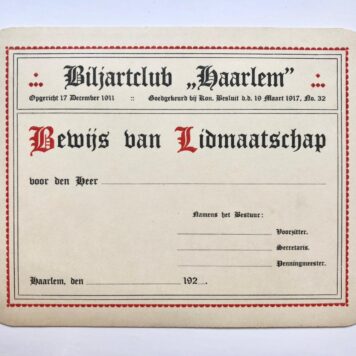 [Paper art, 1911] Oningevuld bewijs van lidmaatschap van de biljartclub 'Haarlem', opgericht 17-12-1911. Ca. 1925.