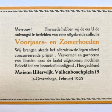 [Paper art, The Hague, 1924] Twee bedrijfkaarten van Maison Uiterwijk te Den Haag, 1923 en 1924.