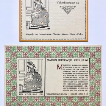 [Paper art, The Hague, 1924] Twee bedrijfkaarten van Maison Uiterwijk te Den Haag, 1923 en 1924.