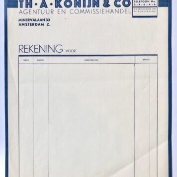 [Paper art, 1930] Vel briefpapier en rekening van agentuur en commissiehandel Th.A. Konijn & Co., Minervalaan, Amsterdam. Ca. 1930, gedrukt.