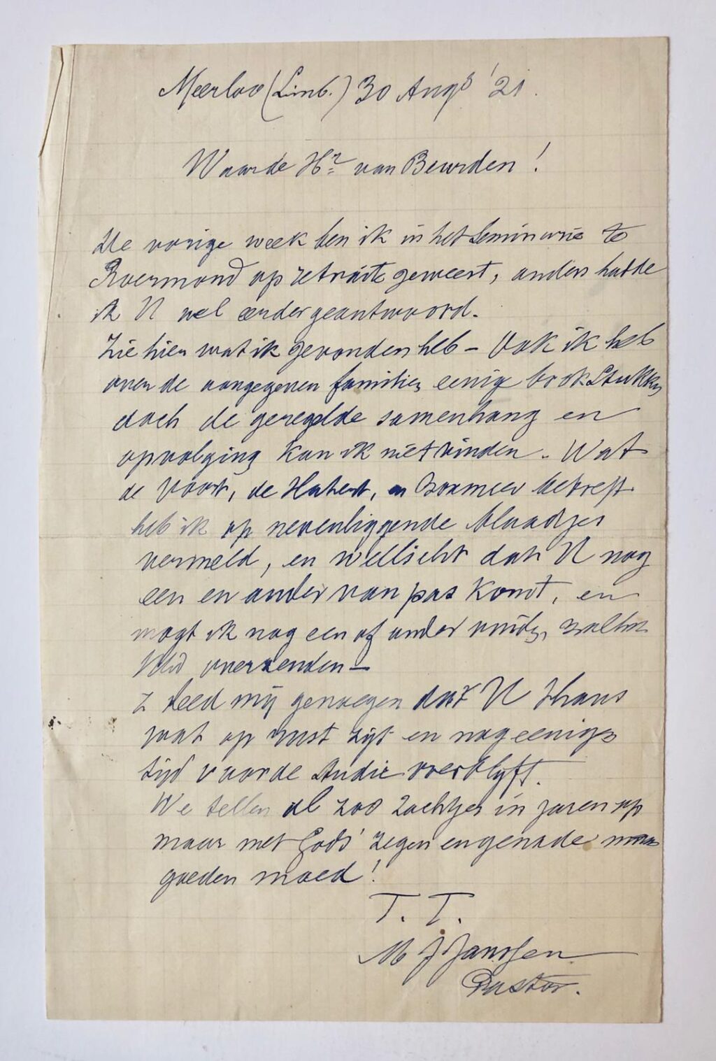 [Manuscript, 1921] Briefje van pastoor M.J. Janssen te Meerloo (L), 1921, manuscript, 1 pag.