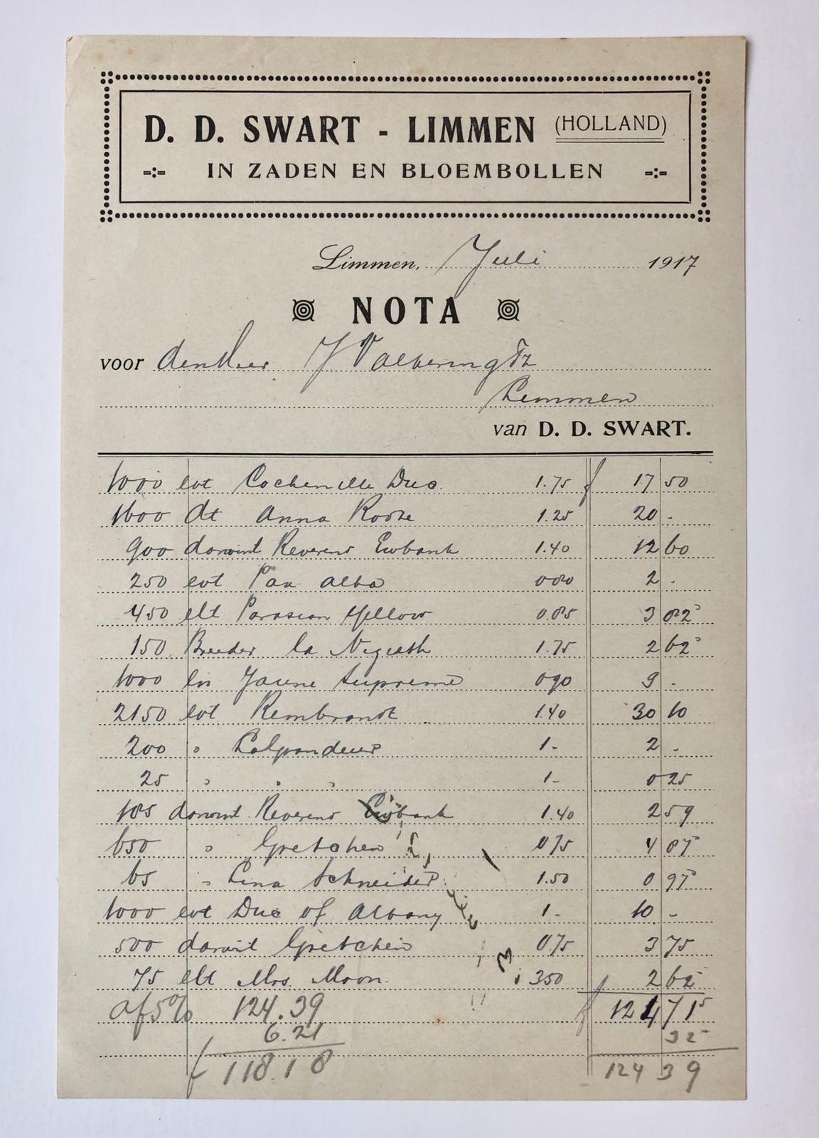 [Receipt, flower bulbs, 1917] Nota van D.D. Swart, bollenhandel te Limmen, 1917.