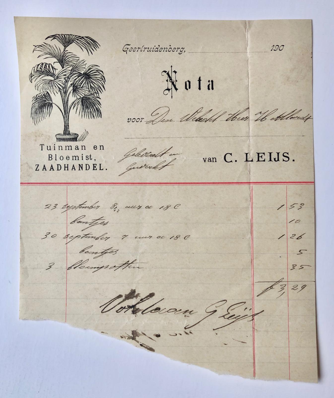 [Receipt, gardener, 1910] Nota van tuinman C. Leijs te Geertruijdenberg, Tuinman en bloemist, zaadhandel. ca. 1910.
