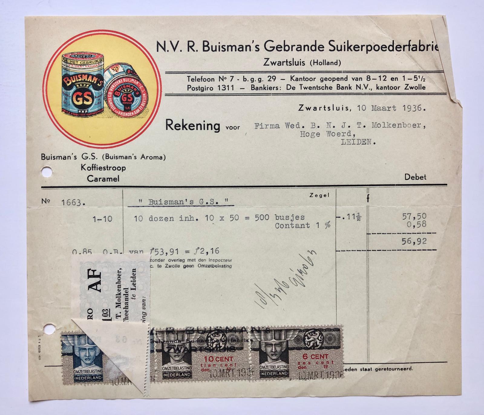 [Receipt, sugar factory, 1936] Nota van N.V. R. Buisman's Gebrande Suikerpoederfabriek (koffiestroop, caramel) te Zwartsluis, 1936.