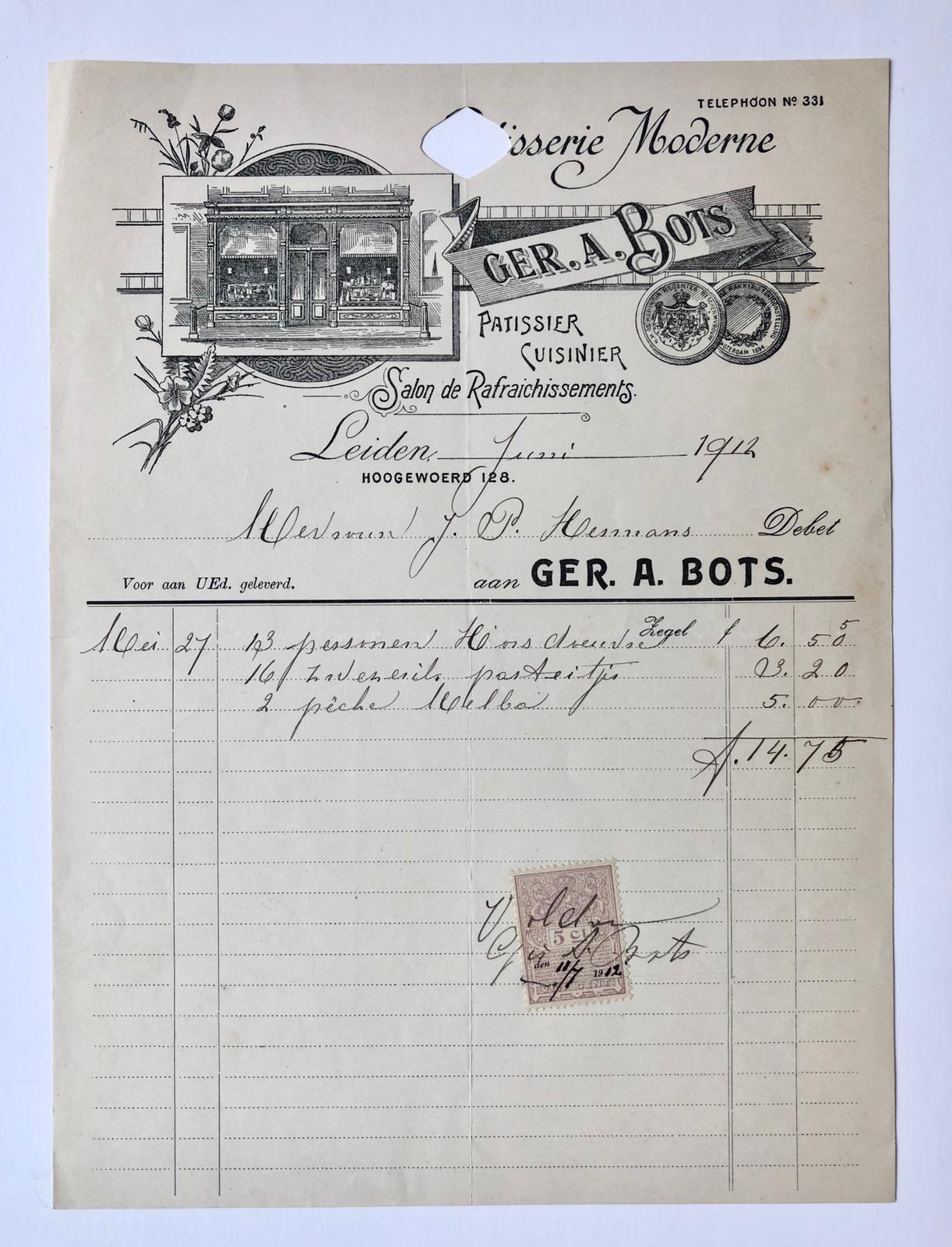 [Receipt, pastry shop, 1912] Nota van Ger.A. Bots, patisserie te Leiden, patissier cuisinier, Hogewoerd 128, 1912.