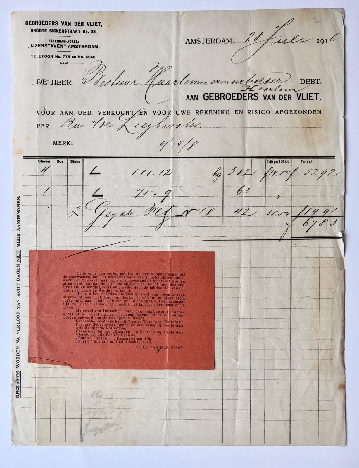 [Receipt, hardware store, 1916] 2 nota's van Gebr. v.d. Vliet, ijzerhandel te Amsterdam, 1883 en 1916.