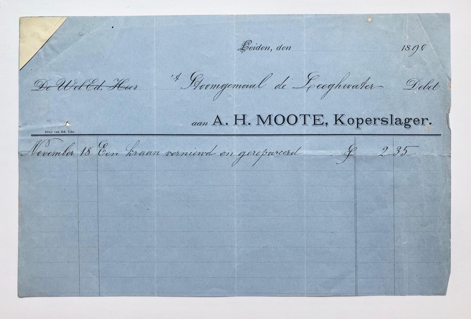 [Receipt, coppersmith, 1890] Nota van A.H. Moote, koperslager te Leiden, 1890.