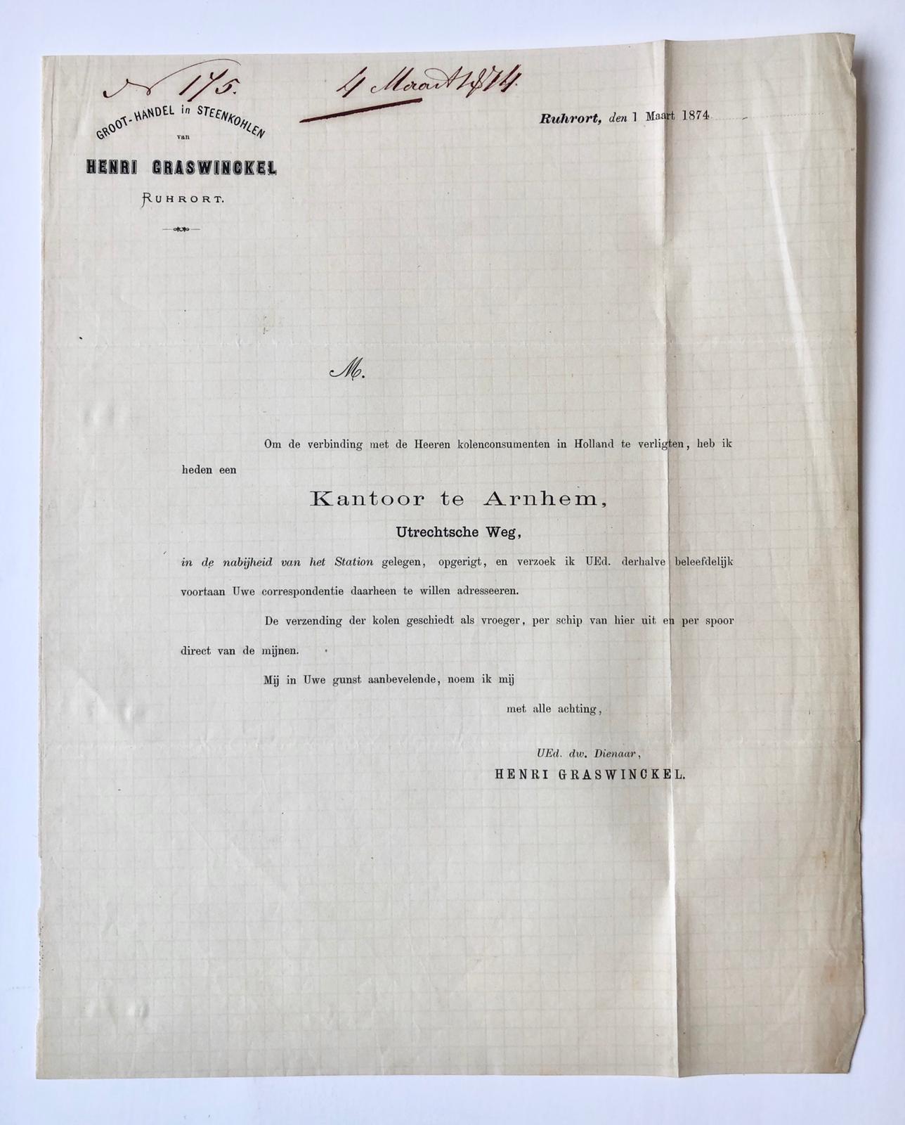 [Printed letter] Bericht van Henri Graswinckel te Ruhrort, steenkolenhandel, betr. kantoor te Arnhem. Gedrukt, 1 pag.