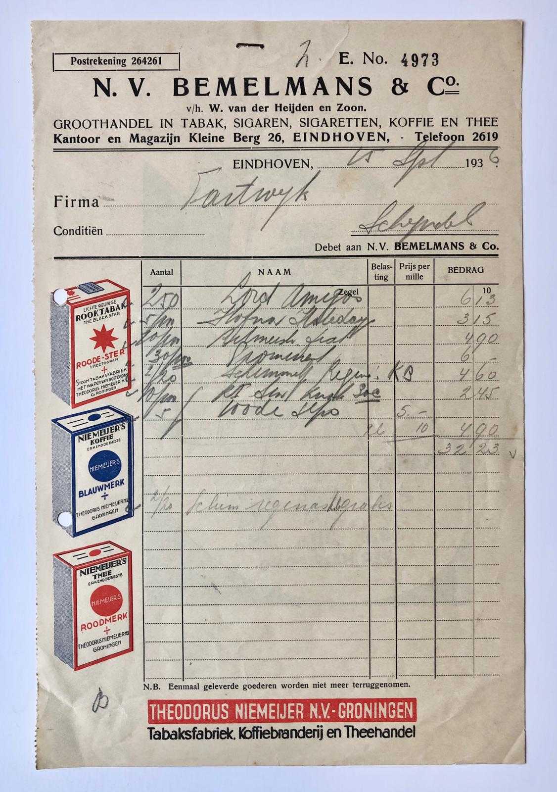 [Receipt, tobacco, 1936] Nota van NV Bemelmans te Eindhoven, tabak, 1936.