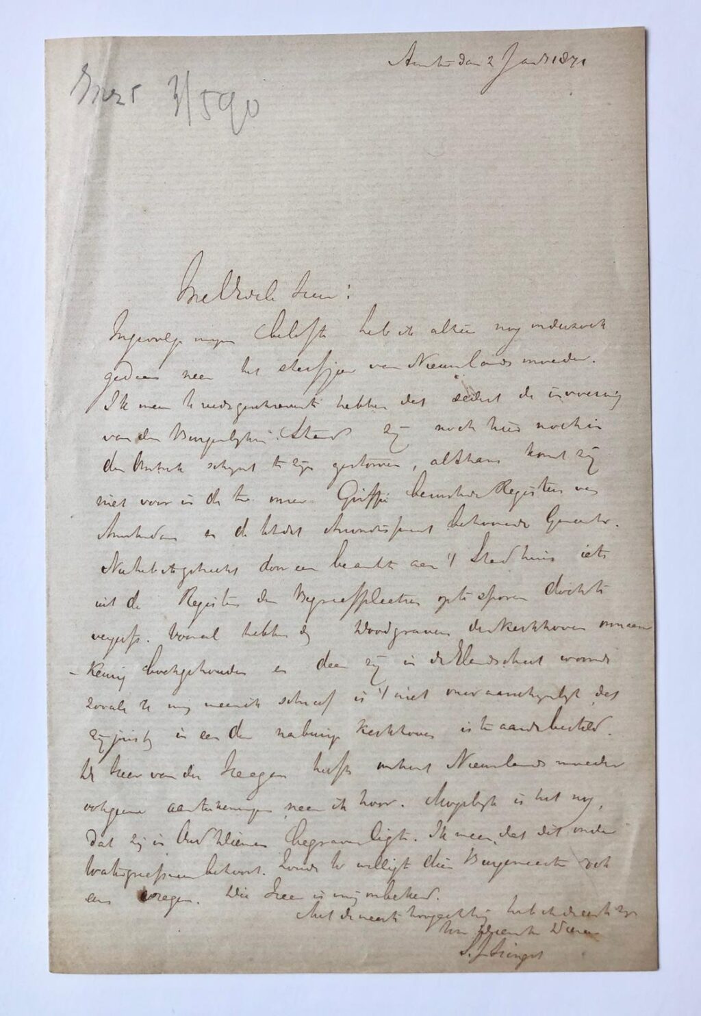 [Manuscript, letter] Letter by S.J. Hingst, Amsterdam 1871, regarding the year of death of the mother of Nieuwland, 1 p.