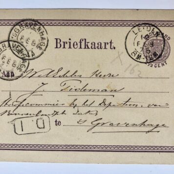 [Postcard 1876] Briefkaart van mr. J.T. Buys, d.d. Leiden 1876, aan J. Tideman, hoofdcommies Dep. Binnenlandse Zaken te 's-Gravenhage. Manuscript.