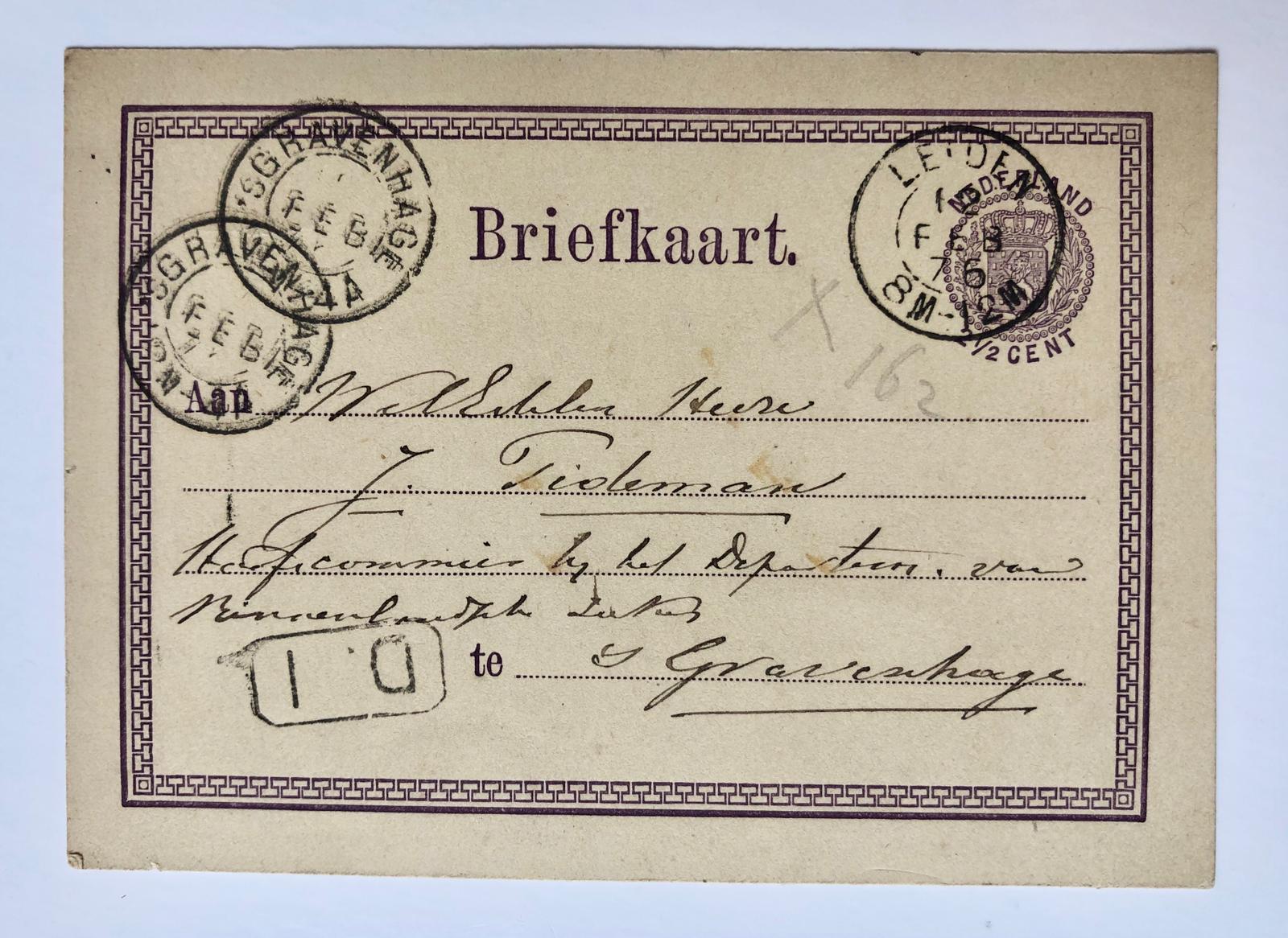  - [Postcard 1876] Briefkaart van mr. J.T. Buys, d.d. Leiden 1876, aan J. Tideman, hoofdcommies Dep. Binnenlandse Zaken te 's-Gravenhage. Manuscript.