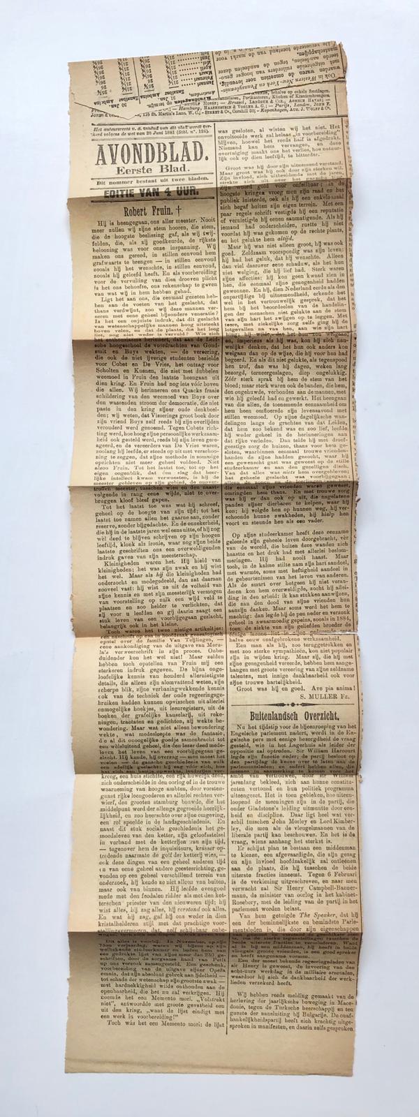 [Newspaper articles, booklet, Fruin, 1899] Drie krantenartikelen betr. het overlijden van Robert Fruin in 1899. Met afl. Mannen van Betekenis, 1894 over Fruin.