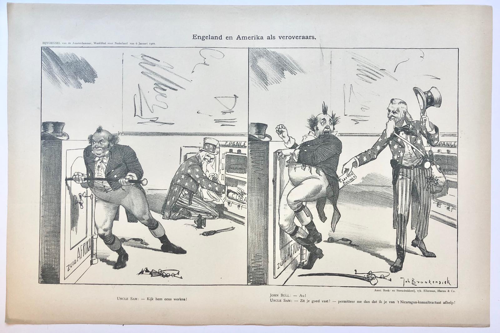 [Original lithograph/lithografie by Johan Braakensiek] Engeland en Amerika als veroveraars, 6 Januari 1901, 1 pp.
