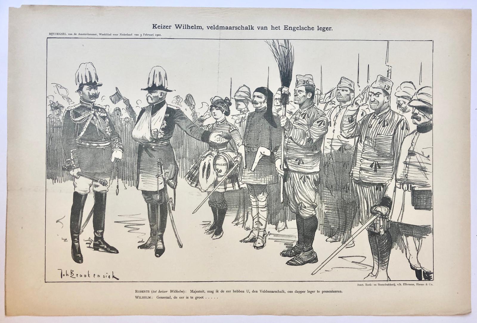 [Original lithograph/lithografie by Johan Braakensiek] Keizer Wilhelm, veldmaarschalk van het Engelsche leger, 3 Februari 1901, 1 pp.