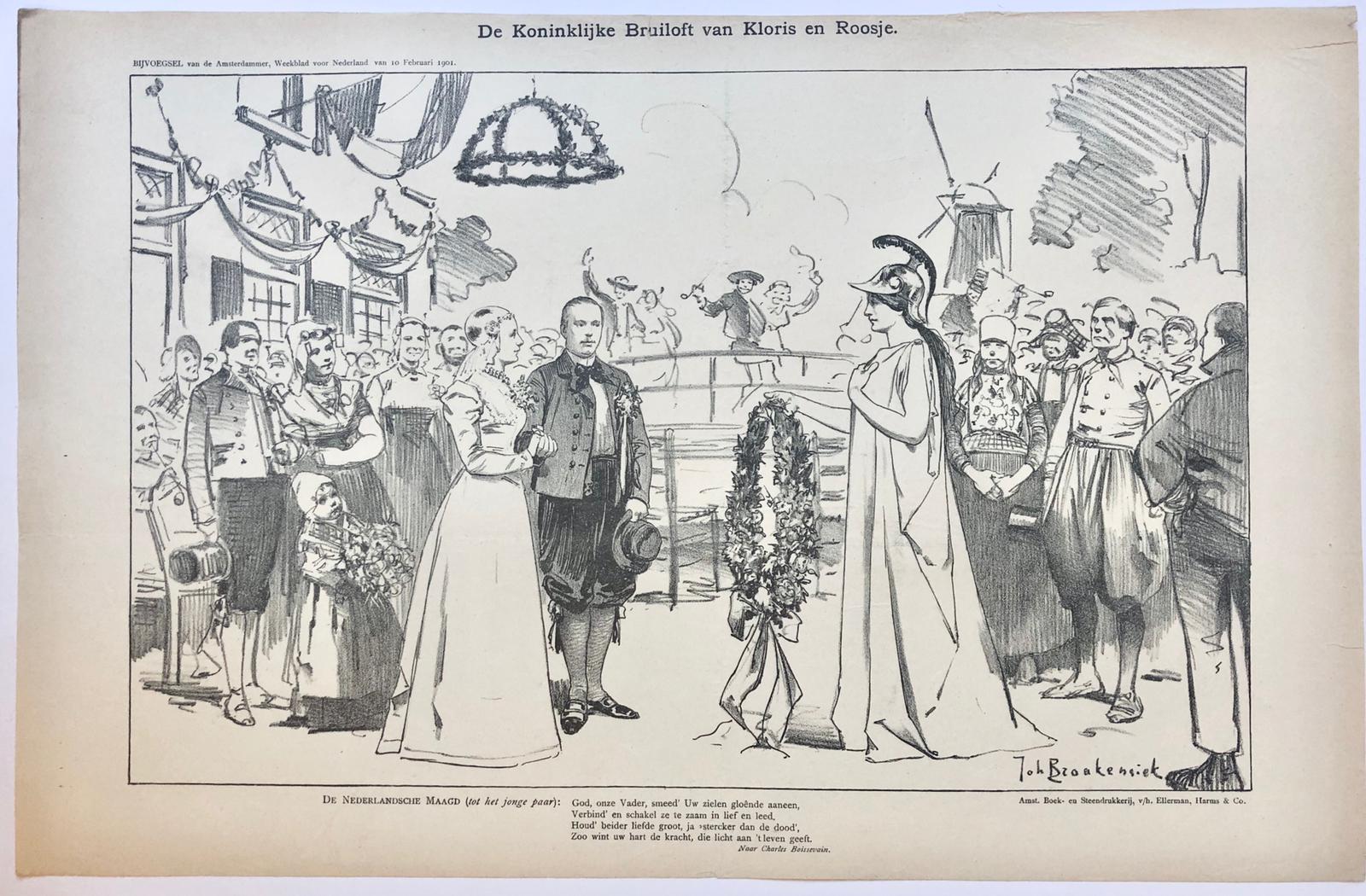 [Original lithograph/lithografie by Johan Braakensiek] De Koninklijke Bruiloft van Kloris en Roosje, 10 Februari 1901, 1 pp.