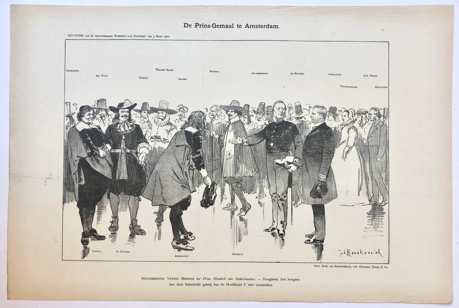 [Original lithograph/lithografie by Johan Braakensiek] De Prins-Gemaal te Amsterdam, 3 Maart 1901, 1 pp.
