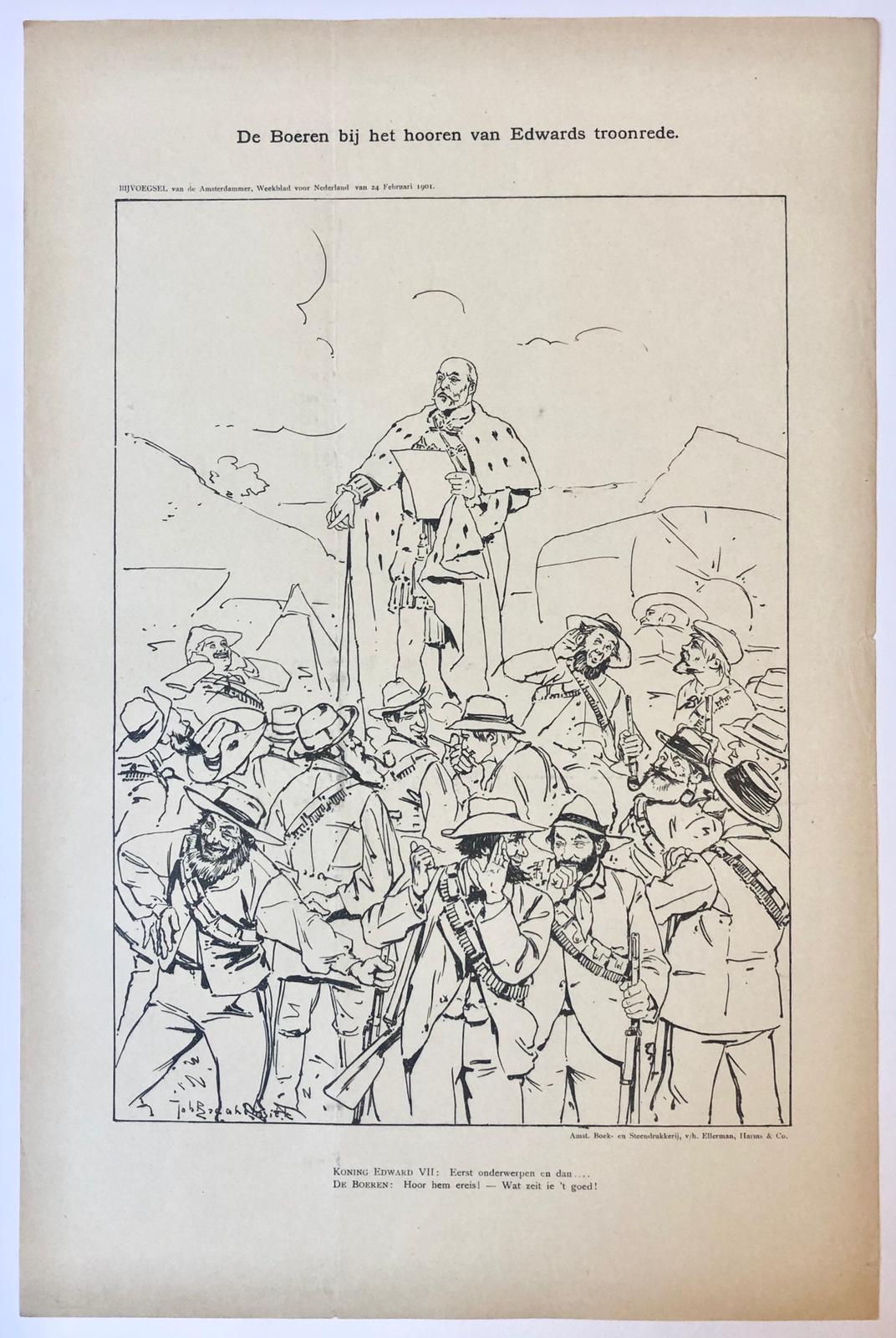 [Original lithograph/lithografie by Johan Braakensiek] De Boeren bij het hooren van Edwards troonrede, 24 Februari 1901, 1 pp.