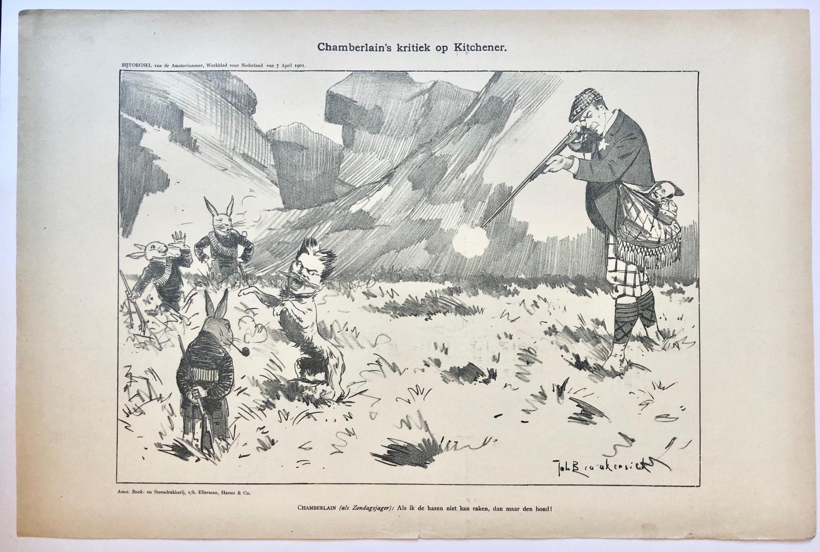 [Original lithograph/lithografie by Johan Braakensiek] Chamberlain's kritiek op Kitchener, 7 April 1901, 1 pp.