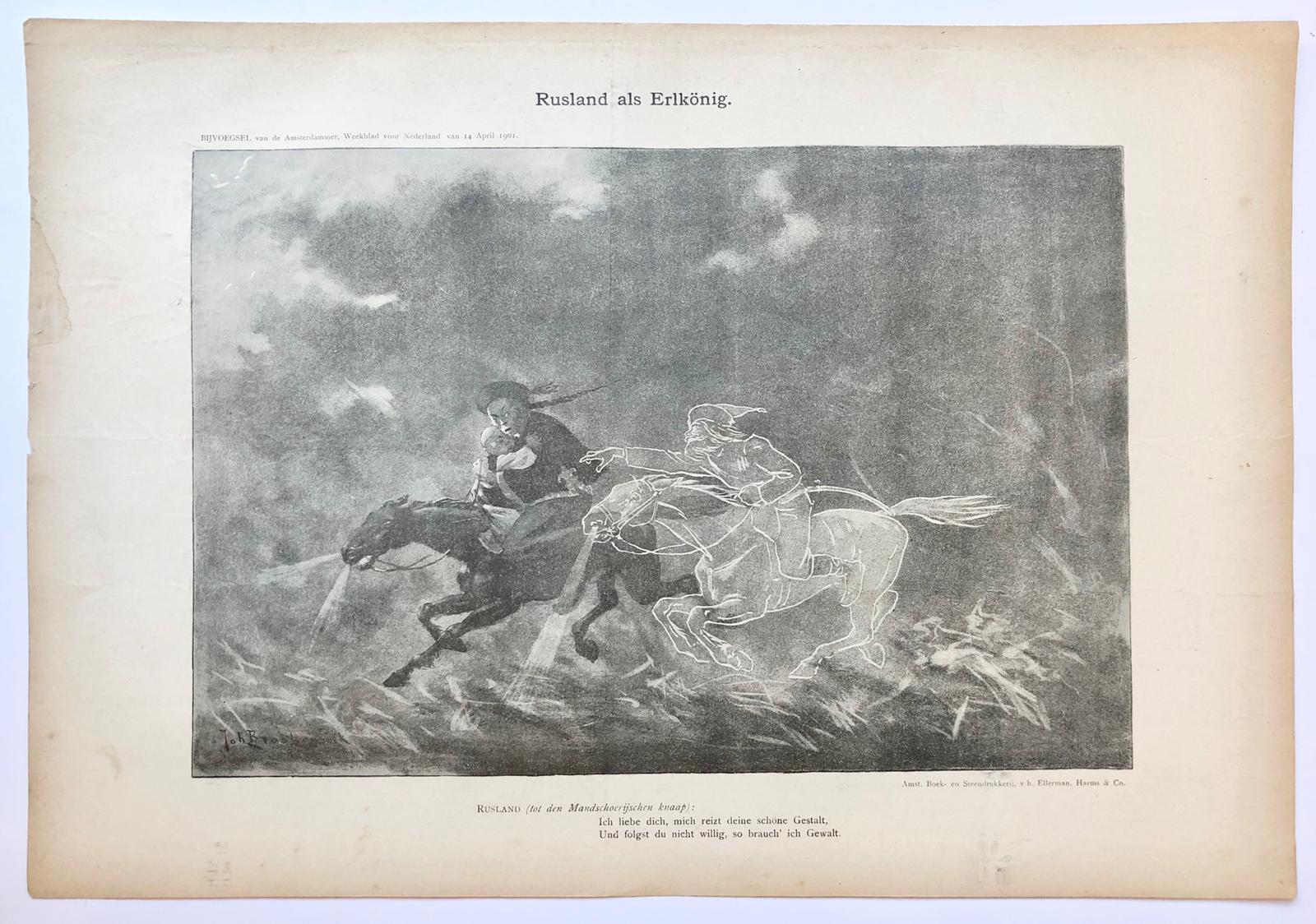 [Original lithograph/lithografie by Johan Braakensiek] Rusland als Erlkönig, 14 April 1901, 1 pp.