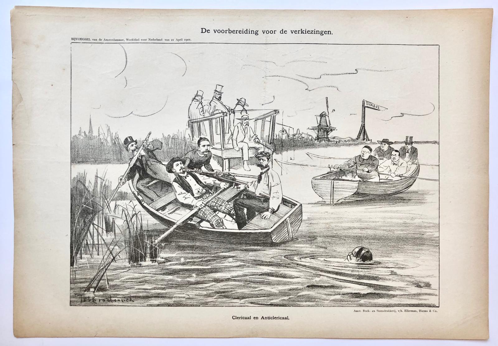 [Original lithograph/lithografie by Johan Braakensiek] De voorbereiding voor de verkiezingen, 21 April 1901, 1 pp.