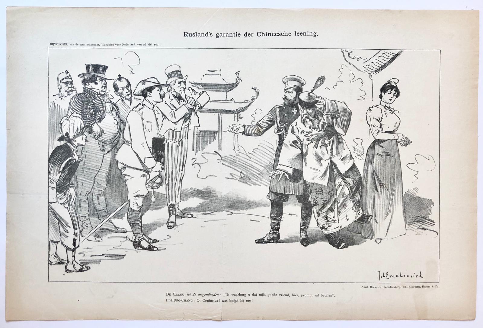 [Original lithograph/lithografie by Johan Braakensiek] Rusland's garantie der Chineesche leening, 26 Mei 1901, 1 pp.