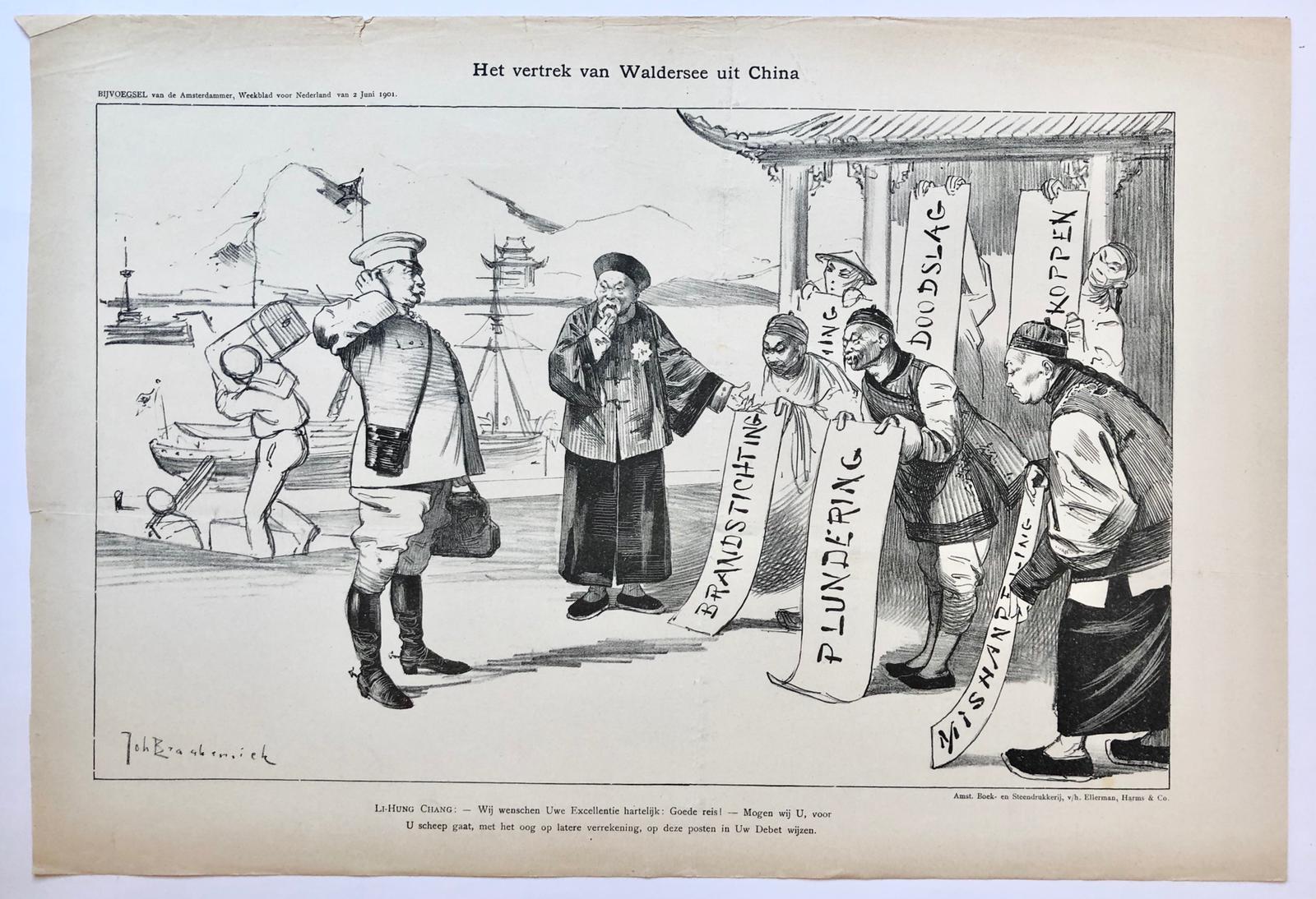 [Original lithograph/lithografie by Johan Braakensiek] Het vertrek van Waldersee uit China, 2 Juni 1901, 1 pp.