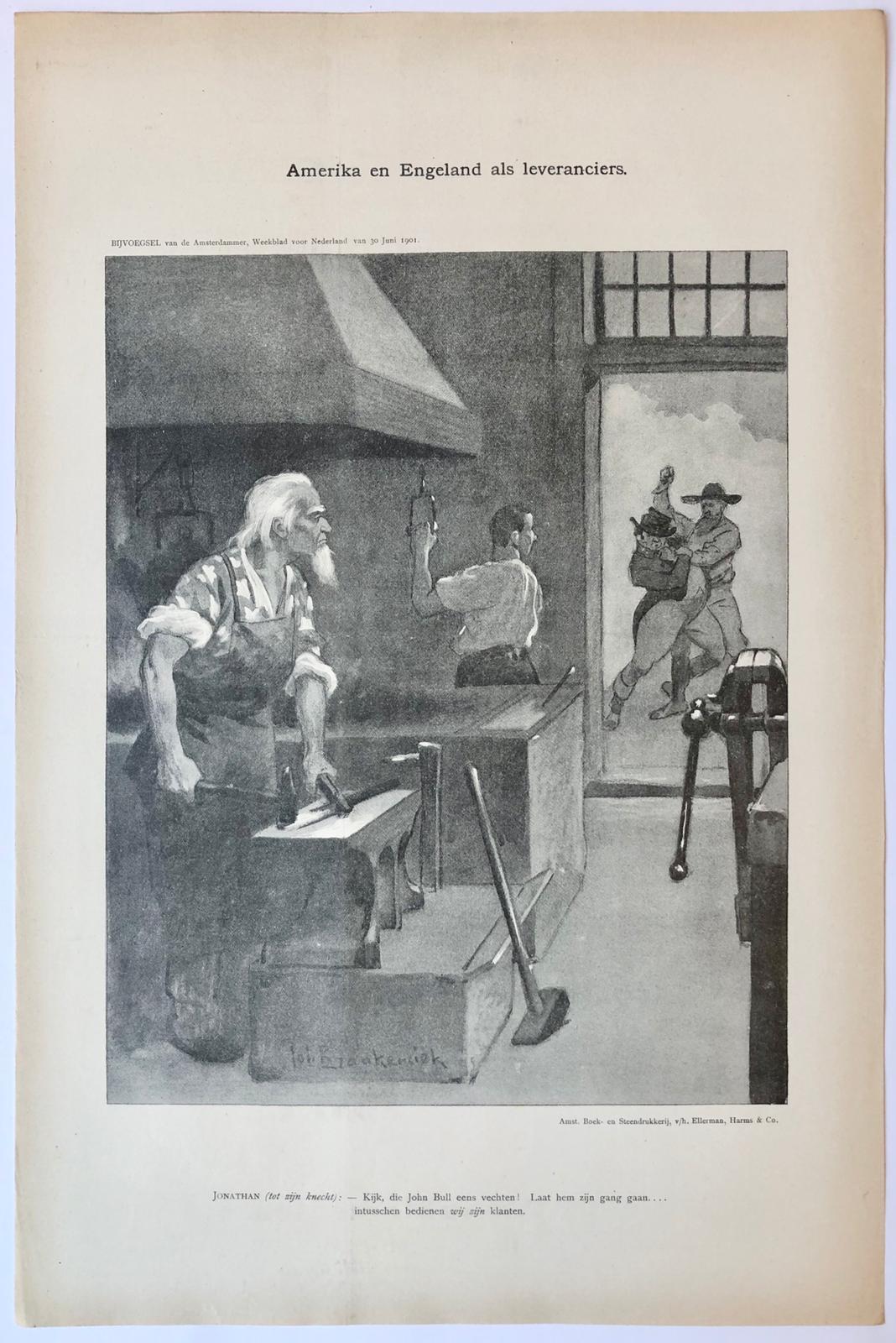 [Original lithograph/lithografie by Johan Braakensiek] Amerika en Engeland als leveranciers, 30 Juni 1901, 1 pp.