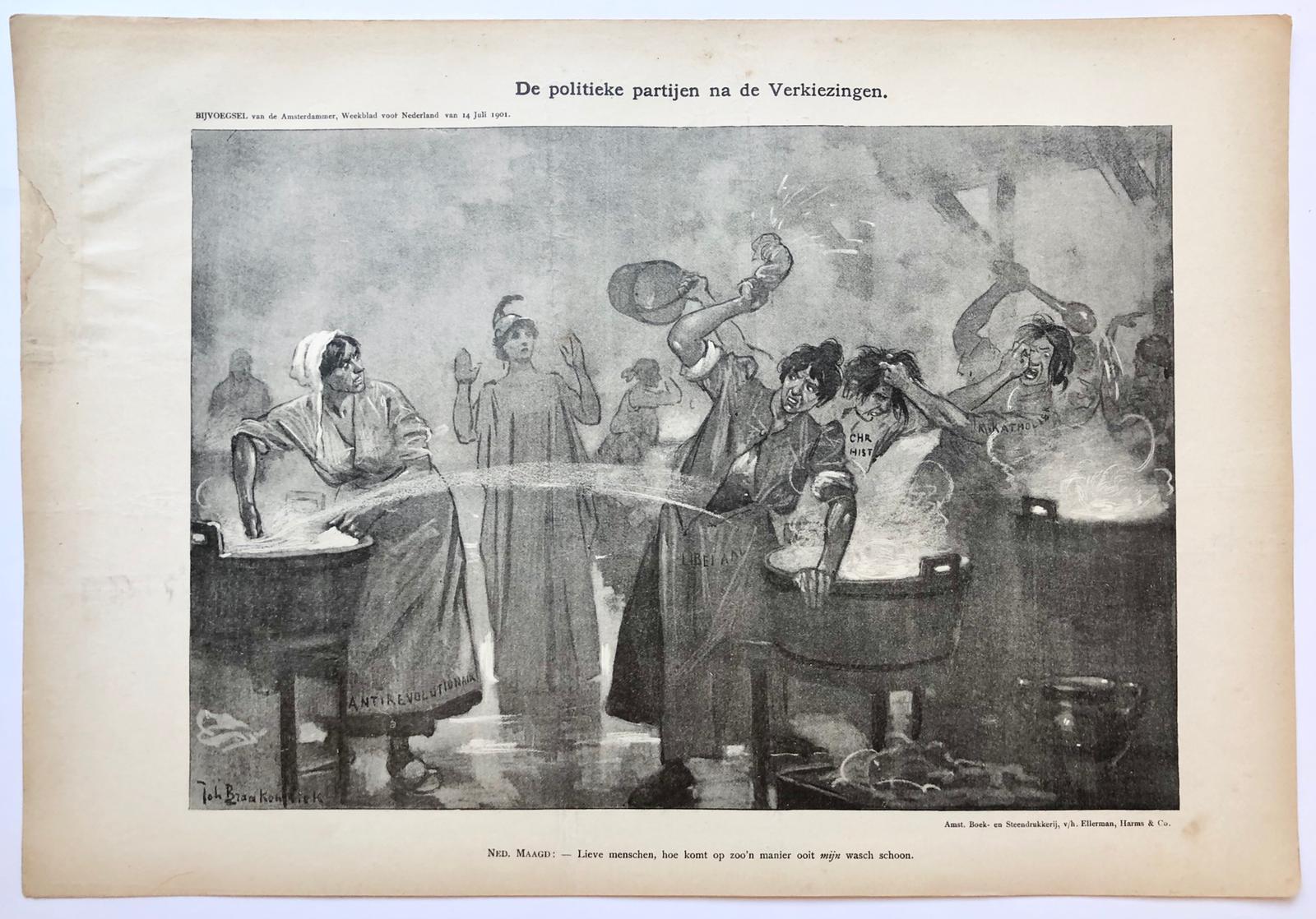 [Original lithograph/lithografie by Johan Braakensiek] De politieke partijen na de Verkiezingen, 14 Juli 1901, 1 pp.