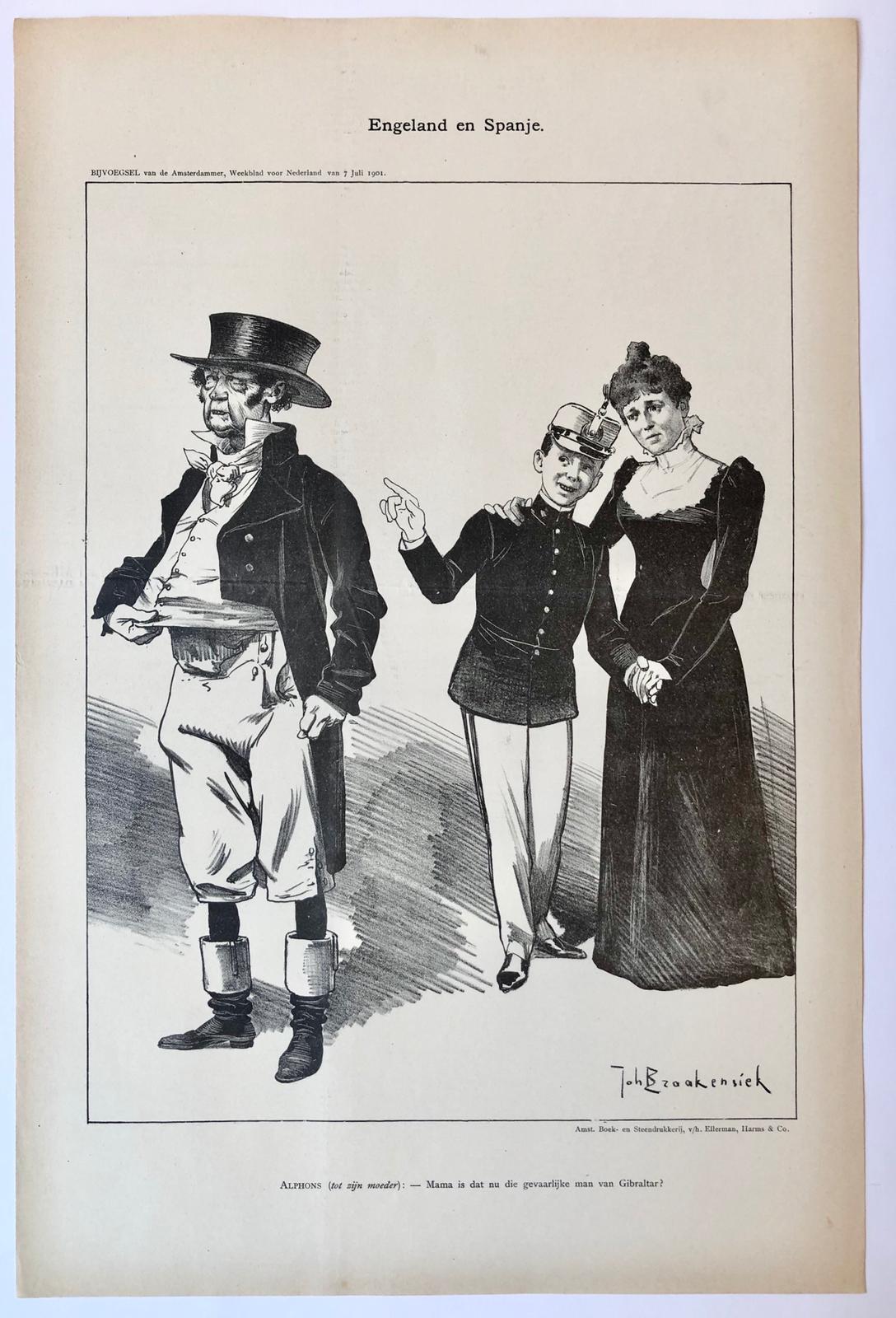 [Original lithograph/lithografie by Johan Braakensiek] Engeland en Spanje, 7 Juli 1901, 1 pp.