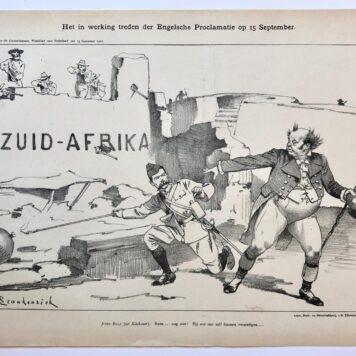 [Original lithograph/lithografie by Johan Braakensiek] Het in werking treden der Engelsche Proclamatie op 15 September, 15 September 1901, 1 pp.
