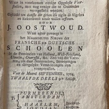 [Mathematics] Maandelykse mathematische liefhebbery (....) voor de maand September 1764, Purmerend etc. [1764].