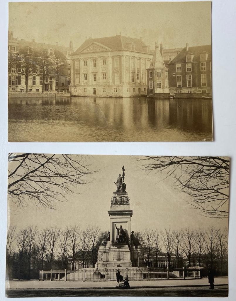  - [Photo, The Hague] Two old photo's of The Hague: Mauritshuis aan de hofvijver and Plein 1813 monument.