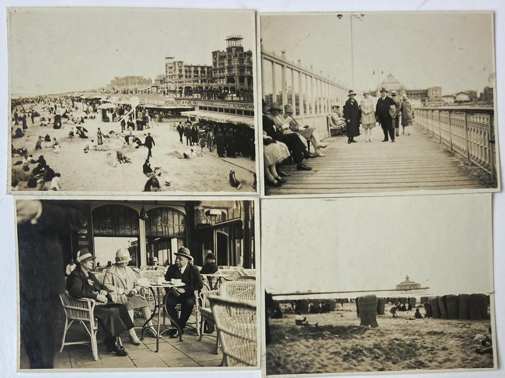 [Photography, Scheveningen] Four old photo's of Scheveningen, The Hague: Beach with the Pier, People in front of the Kurhaus, People on a terrace, beach and boulevard Scheveningen, each 8 x 10,5 cm, date: 1928.
