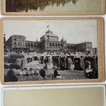 [Photography, Scheveningen] Three old souvenir photo's of Scheveningen, The Hague: Beach with beach tents and black beach chairs, Kurhaus and people on the beach in full clothes, Hofvijver and buildings of government, each 11 x 16,5 cm, date: 1890.