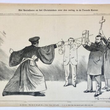 [Original lithograph/lithografie by Johan Braakensiek] Het Socialisme en het Christendom over den oorlog, in de Tweede Kamer, 22 December 1901, 1 pp.