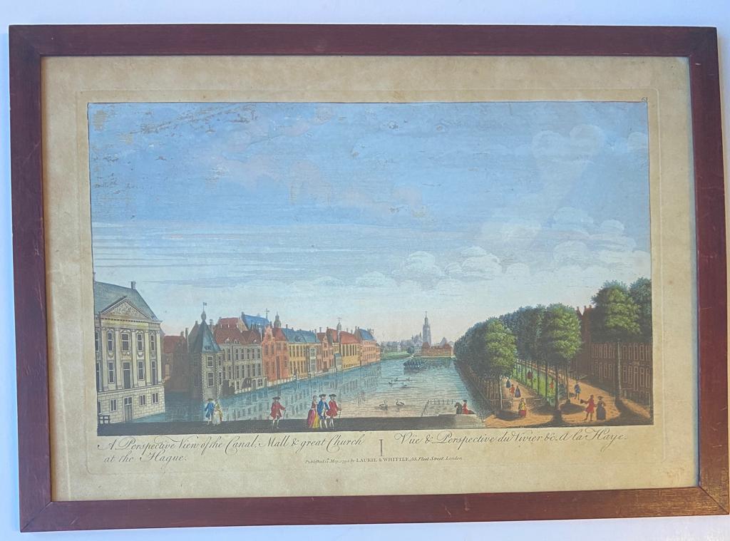 [Framed antique optical print, handcolored etching and engraving, optica prent in lijst] View of the Hofvijver in The Hague , published 1794.