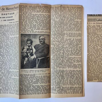 [Newspaper articles, 1928] Twee krantenartikelen betr. het 40 jarig uitgevers jubileum van C.A.J. van Dishoeck, 1928.