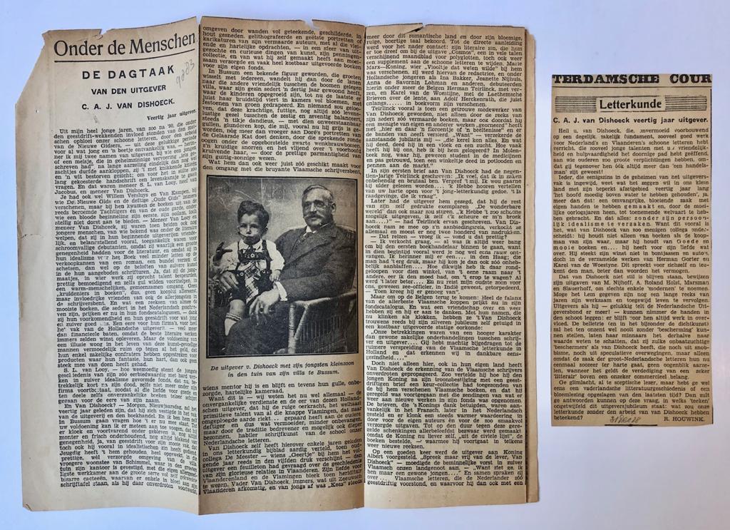  - [Newspaper articles, 1928] Twee krantenartikelen betr. het 40 jarig uitgevers jubileum van C.A.J. van Dishoeck, 1928.